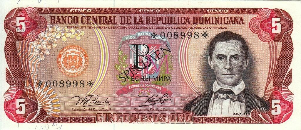 Доминикана Банкнота 5 песо оро 1977-81  UNC Образец 