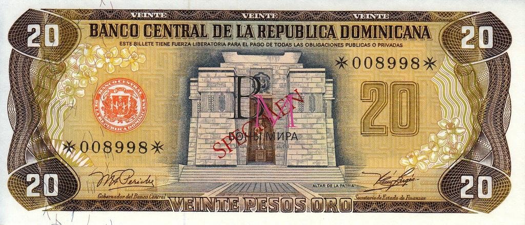 Доминикана Банкнота 20 песо оро 1977-81  UNC Образец 