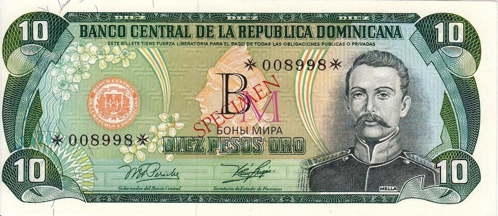 Доминикана Банкнота 10 песо оро 1977-81  UNC Образец 