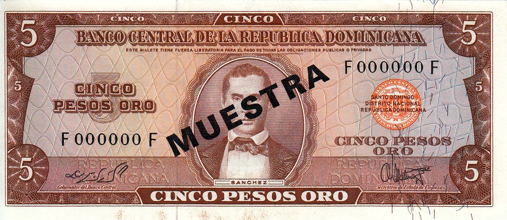 Доминикана Банкнота 5 песо оро 1964-74  UNC P100 Образец 