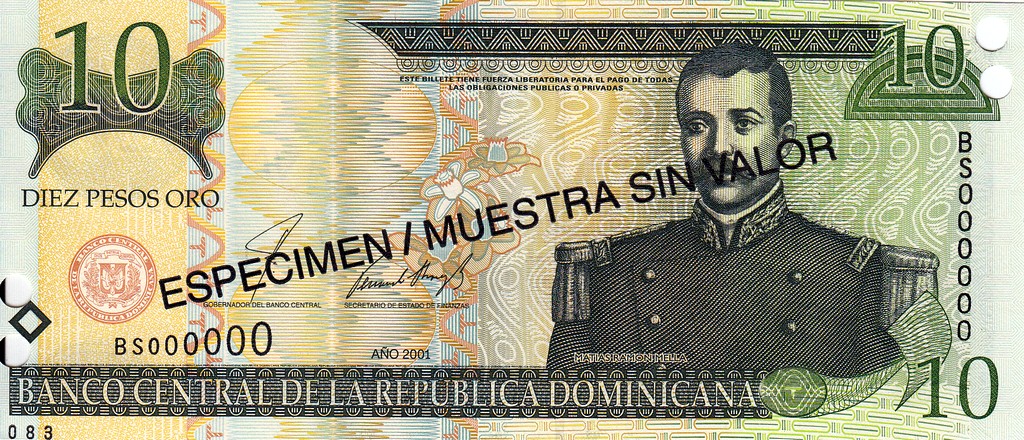 Доминикана Банкнота 10 песо оро 2001 UNC P165-S2 Образец