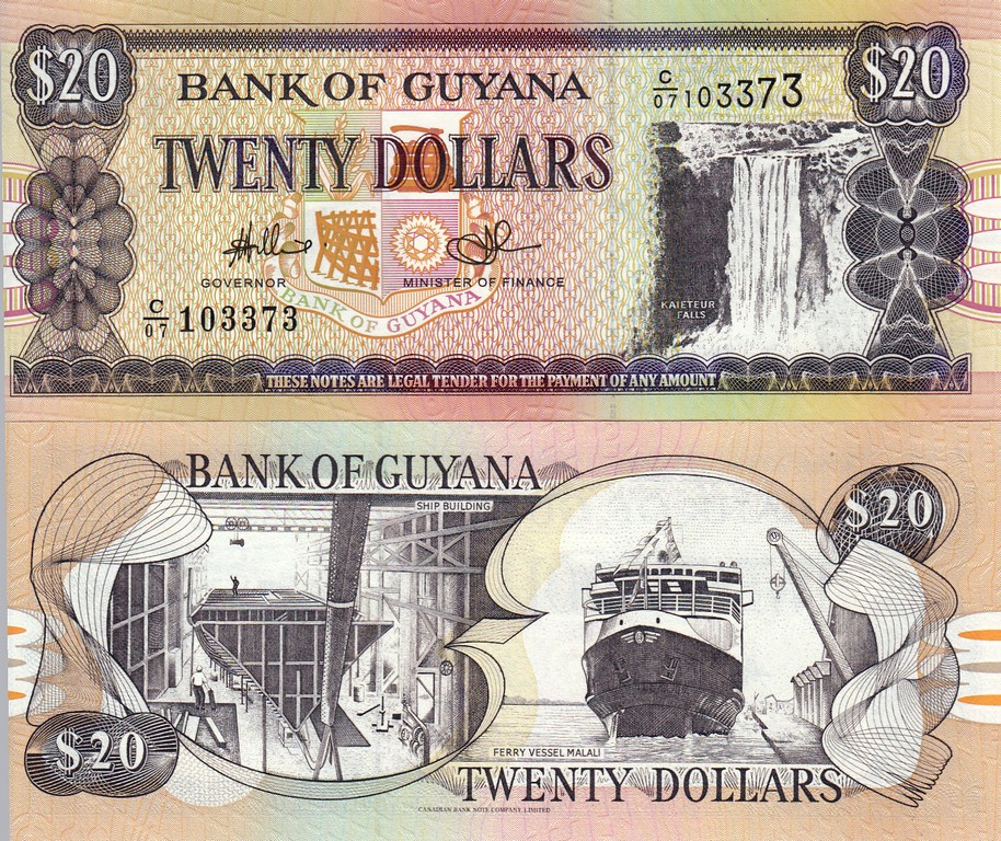 Гайана Банкнота 20 долларов 2010 UNC Типография Canadian Bank Note