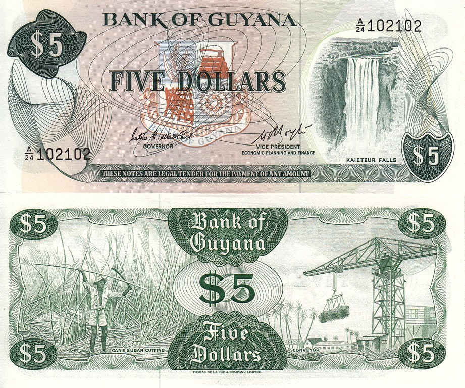 Гайана Банкнота 5 долларов 1983 UNC P22d Подпись 6