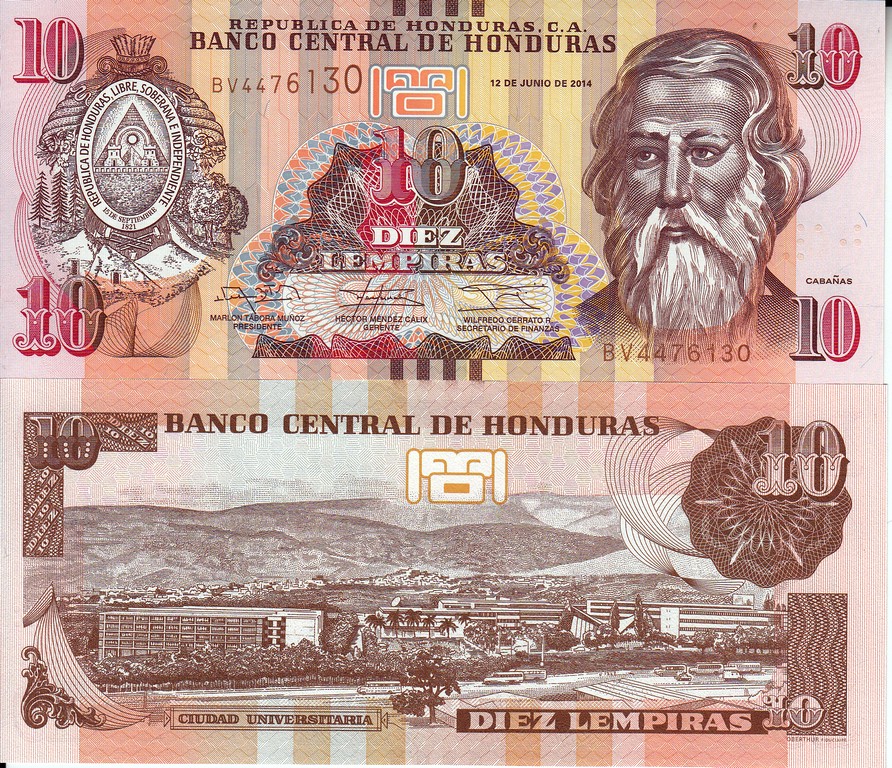 Гондурас Банкнота 10 лемпир 2014 UNC (С метками для слепых) 