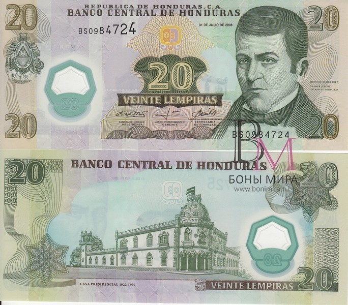 Гондурас Банкнота 20 лемпир 2008 UNC пластик