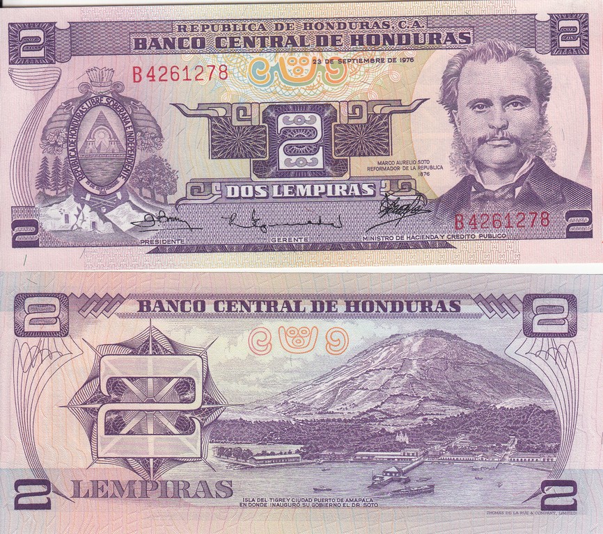 Гондурас Банкнота 2 лемпира 1976 UNC 100-летие Правления правительства Марко Аурелия Сото