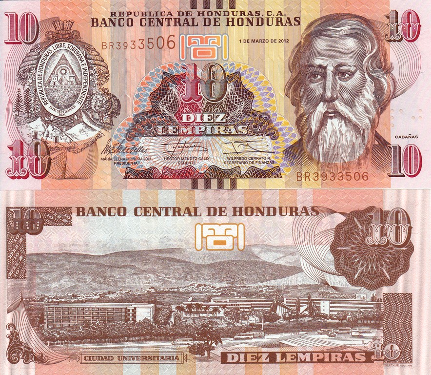 Гондурас Банкнота 10 лемпир 2012 UNC (С метками для слепых)
