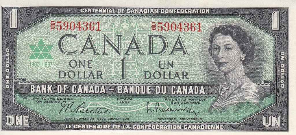 Канада Банкнота  1 доллар 1967 UNC 100 лет Конфедерации с номером