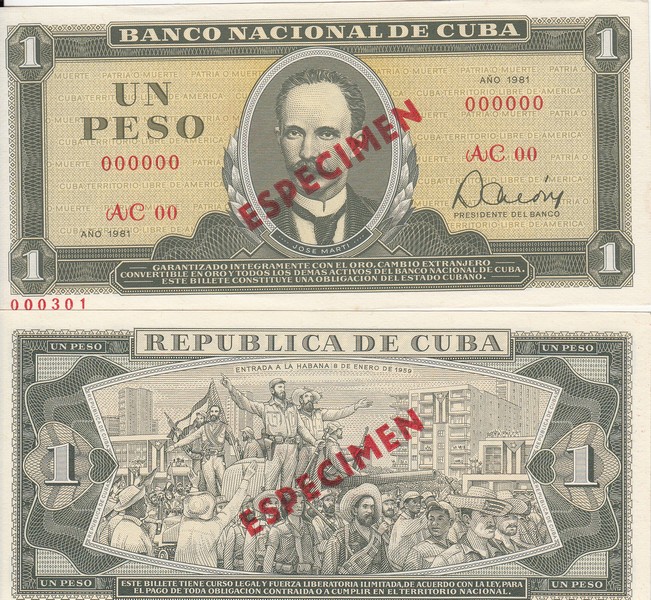 Куба Банкнота 1 песо 1981 UNC Образец
