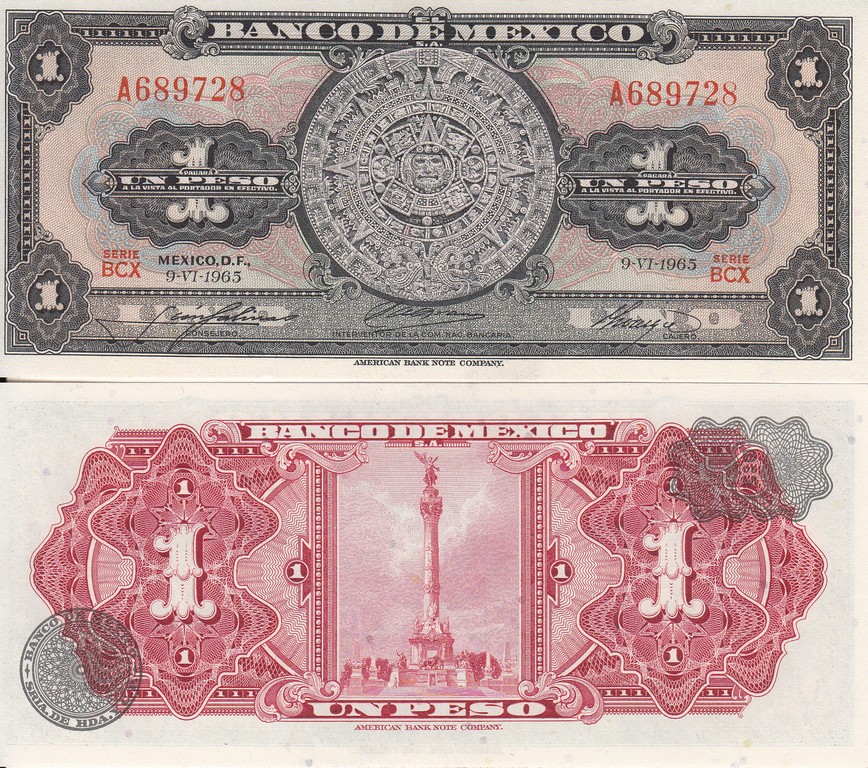 Мексика Банкнота 1 песо 1965 UNC  Подпись BCX