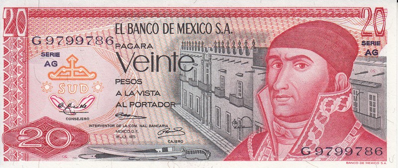 Мексика Банкнота 20 песо 1973 UNC Подпись AG