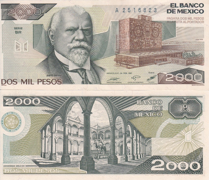 Мексика Банкнота 2000 песо 1987 UNC Серия BR Подписи