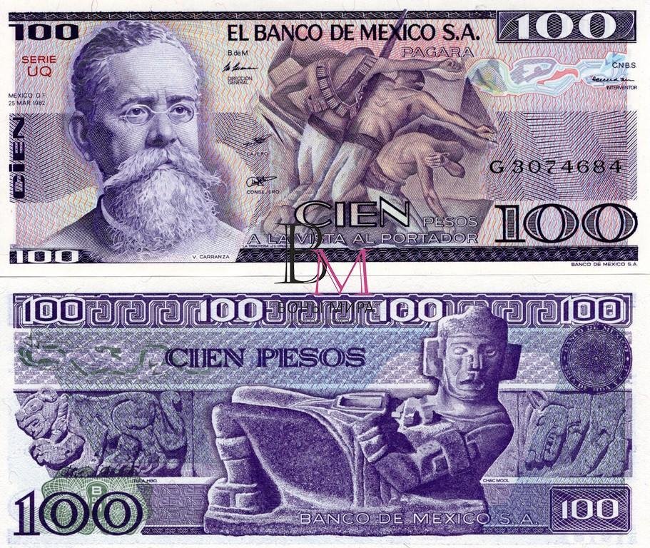 Мексика Банкнота 100 песо 1982 UNC UQ Штамп зеленый 