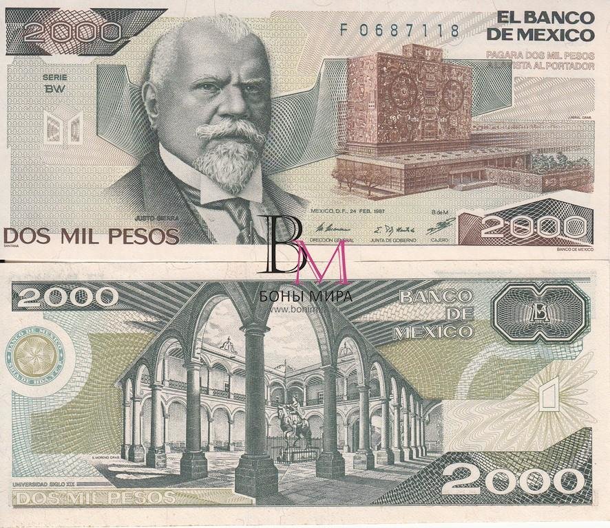Мексика Банкнота 2000 песо 1987 UNC Серия BW Подписи