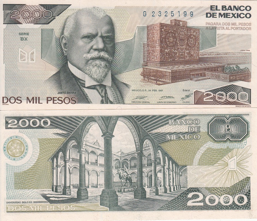Мексика Банкнота 2000 песо 1987 UNC Серия BХ Подписи