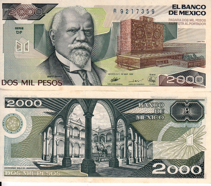 Мексика Банкнота 2000 песо 1989 UNC Серия DF Подпись
