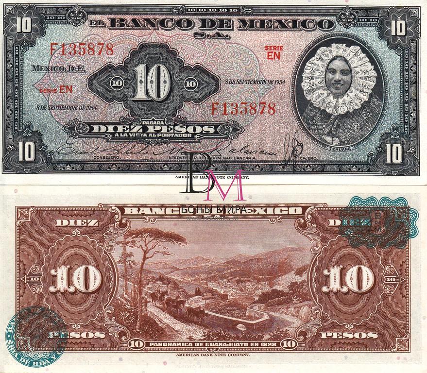 Мексика Банкнота 10 песо 1954 UNC P58b