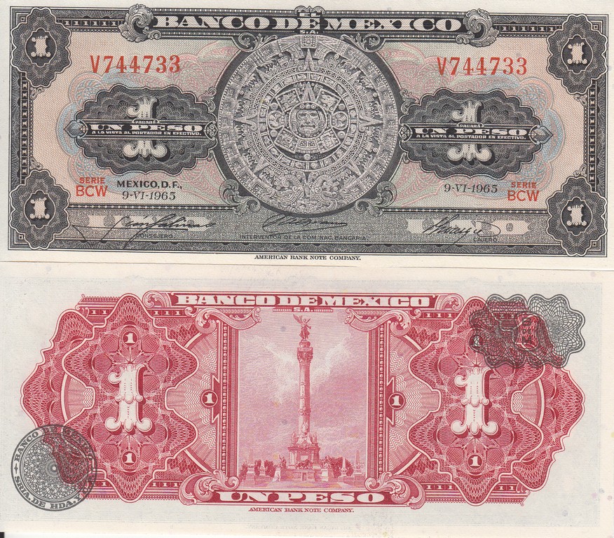 Мексика Банкнота 1 песо 1965 UNC BCW
