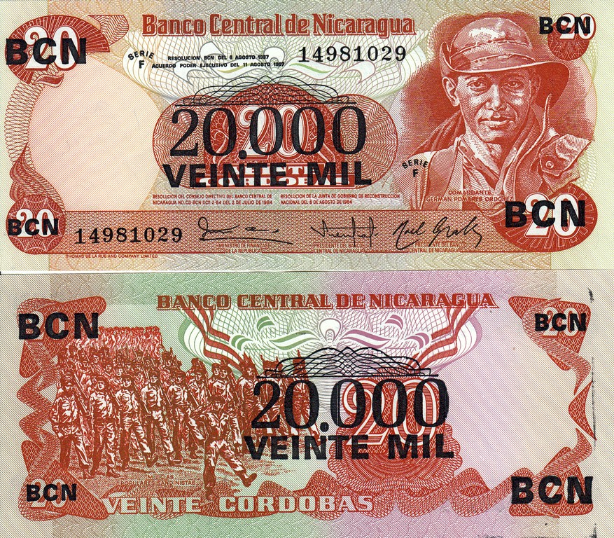 Никарагуа Банкнота 20000 кордоба 1987 на 20 кордоба 1984 UNC