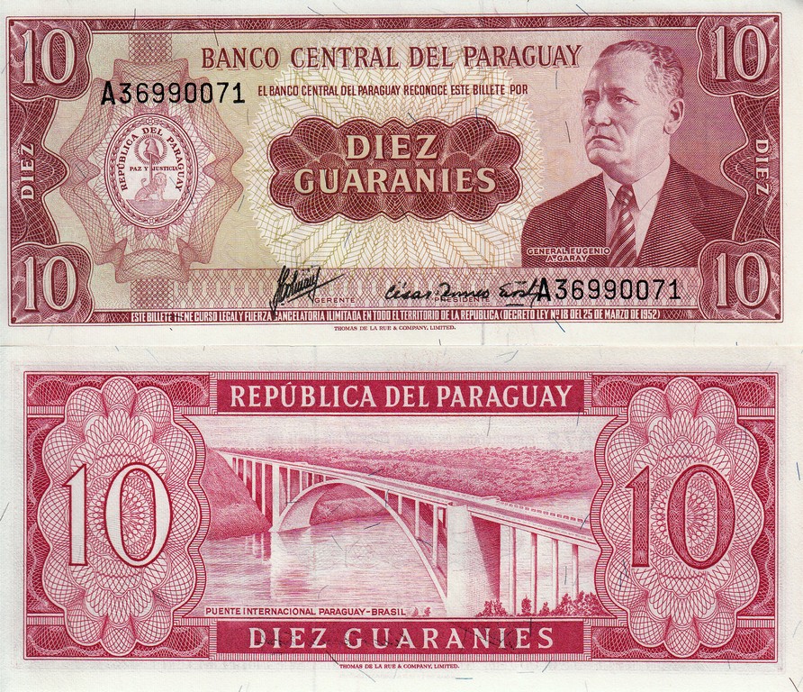 Парагвай Банкнота 10 гуарани 1963 UNC Подпись