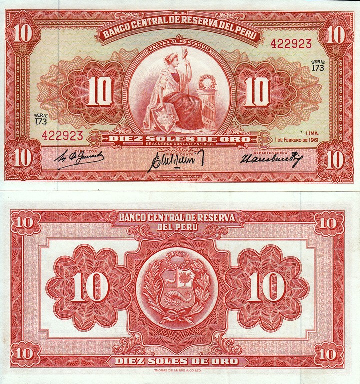 Перу Банкнота 10 солей 1961 UNC