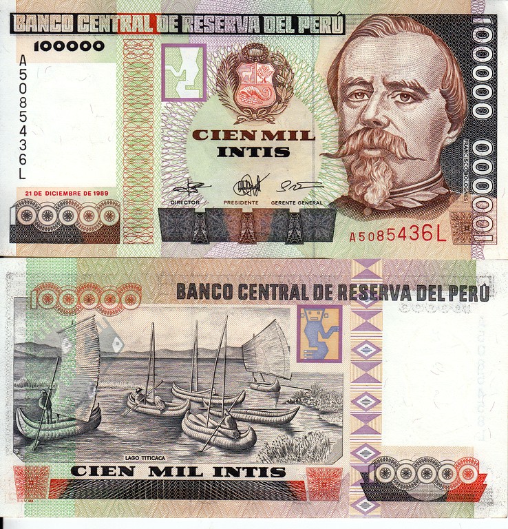 Перу Банкнота  100000 инти 1989 aUNC