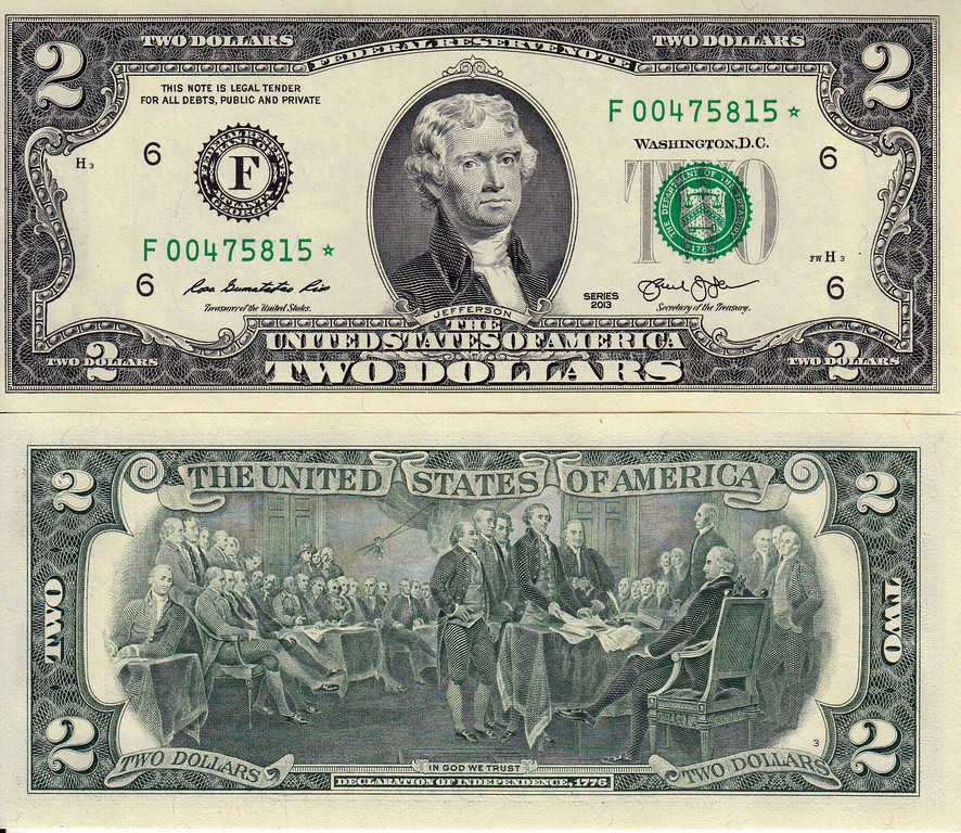 США Банкнота 2 доллара 2013 UNC Серия F Атланта Серия замещения *