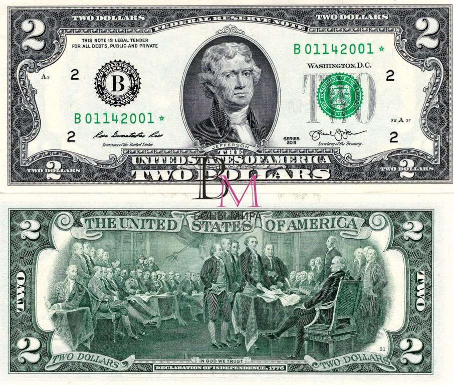 США Банкнота 2 доллара 2013 UNC B Серия замещенка