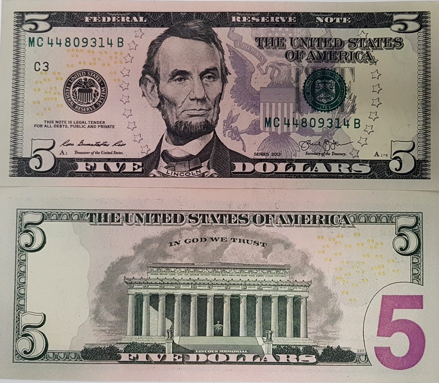США Банкнота 5 долларов 2013 UNC С - Филадельфия
