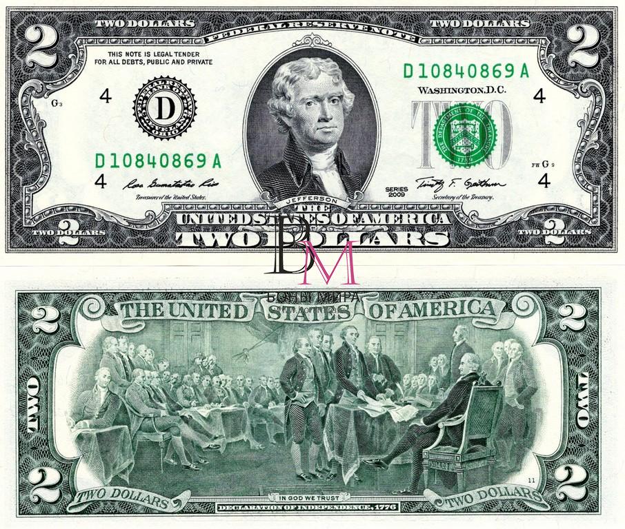США Банкнота 2 доллара 2009 UNC  D