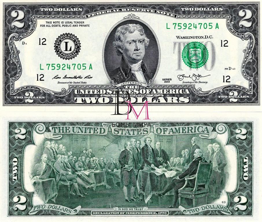 США Банкнота 2 доллара 2013 UNC Серия L Сан-Франциско