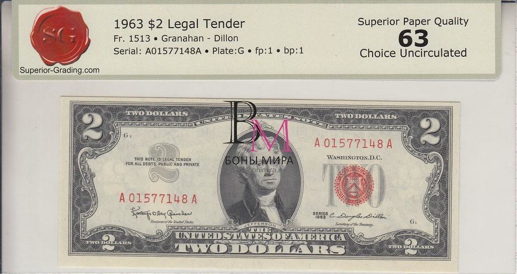 США Банкнота 2 доллара 1963 UNC 