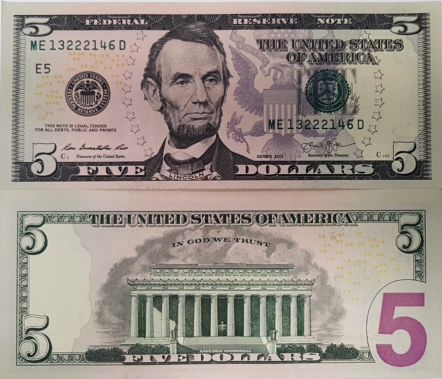США Банкнота 5 долларов 2013 UNC E - Ричмонд