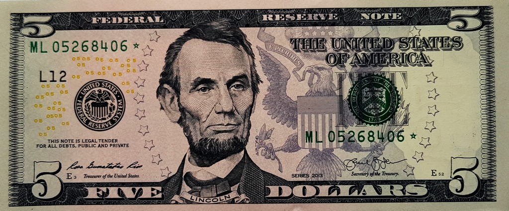 США Банкнота 5 долларов 2013 UNC  L Сан-Франциско Серия замещения *