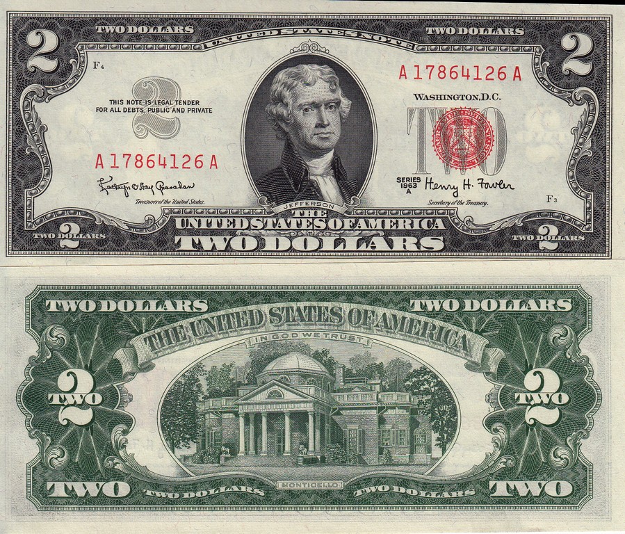 США Банкнота 2 доллара 1963 Серия A UNC P382b