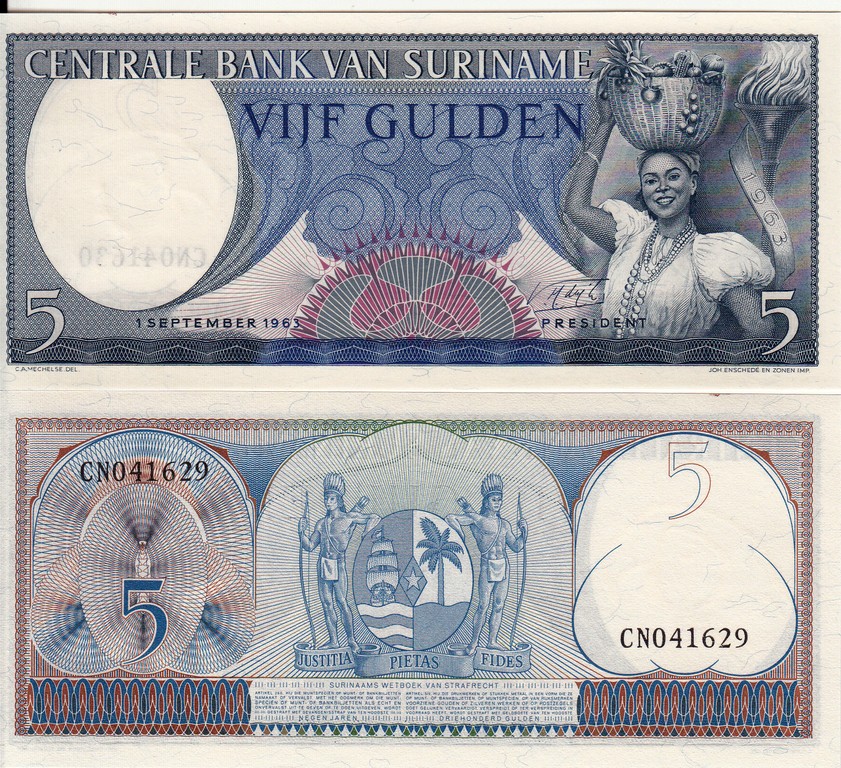 Суринам Банкнота 5 гульденов 1963 UNC  Подпись 