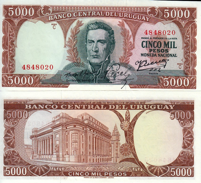 Уругвай Банкнота 5000 песо 1967 UNC П-50-b