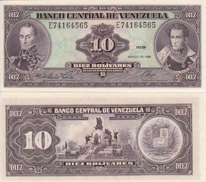 Венесуэла Банкнота 10 боливаров 1986 UNC