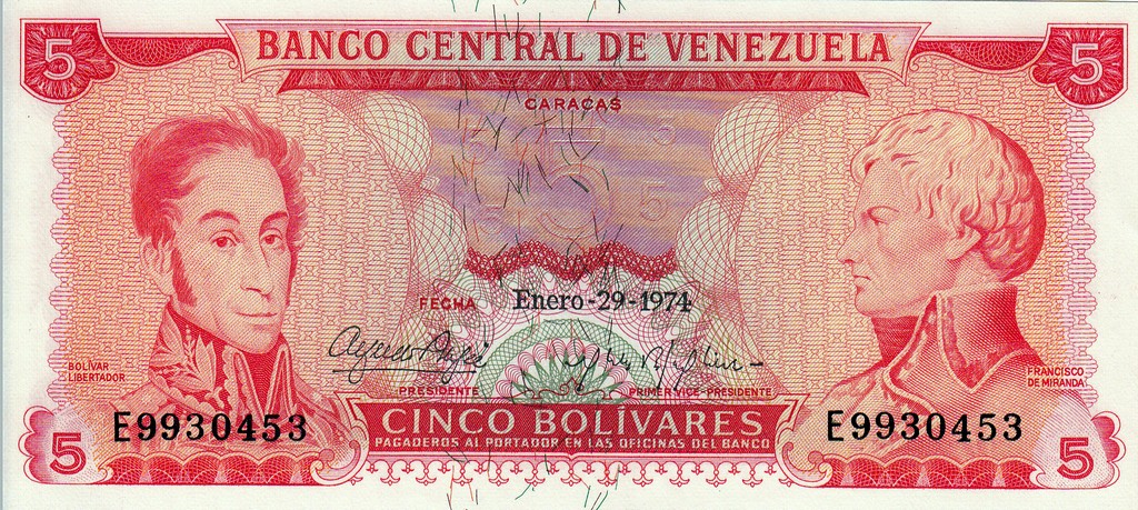 Венесуэла Банкнота 5 боливаров 1974 UNC 