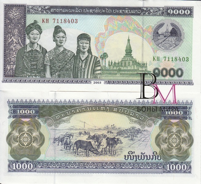 Лаос Банкнота  1000 кипов 2003 UNC