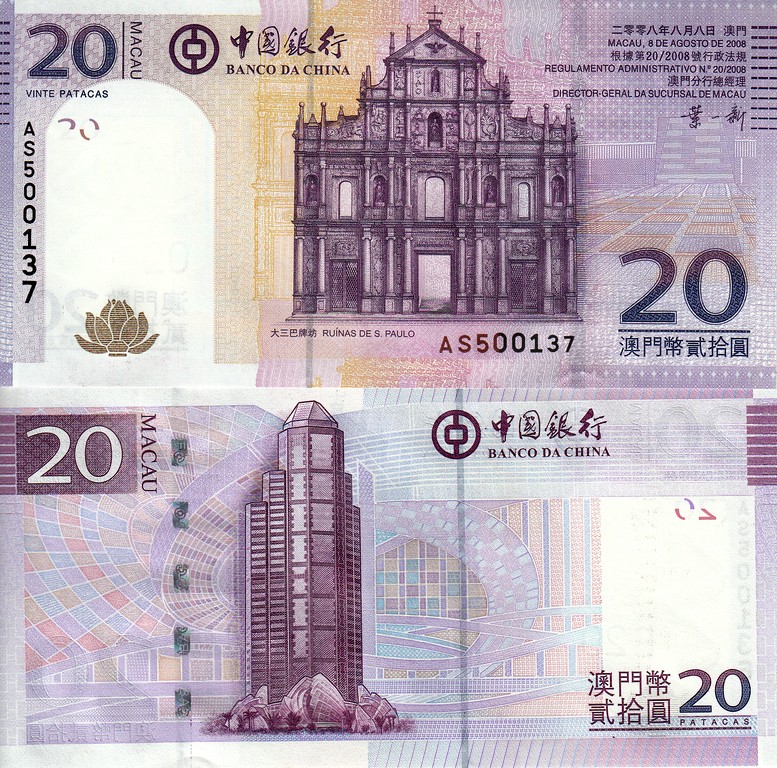 Макао Банкнота 20 патак 2008 UNC