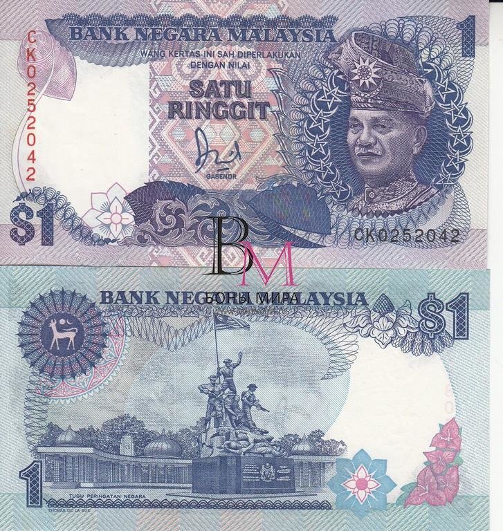 Малайзия  Банкнота 1 ринггит 1986 UNC Полоска сплошная. 