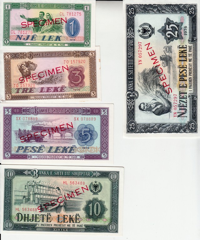Албания Набор Банкнот SPECIMEN 1 3 5 10 25 50 и 100  лек 1976 UNC Редкий