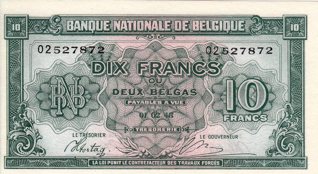 Бельгия Банкнота 10 франков или 2 белгас 1943 (44) UNC P122
