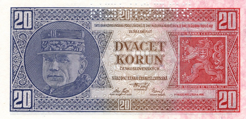 Чехословакия Банкнота 20 крон 1926 UNC перфорация SPECIMEN