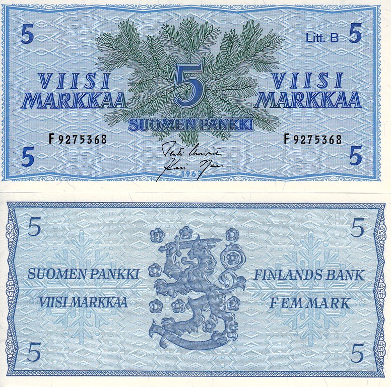 Финляндия Банкнота 5 марок  1963 UNC  Литера B Подпись 