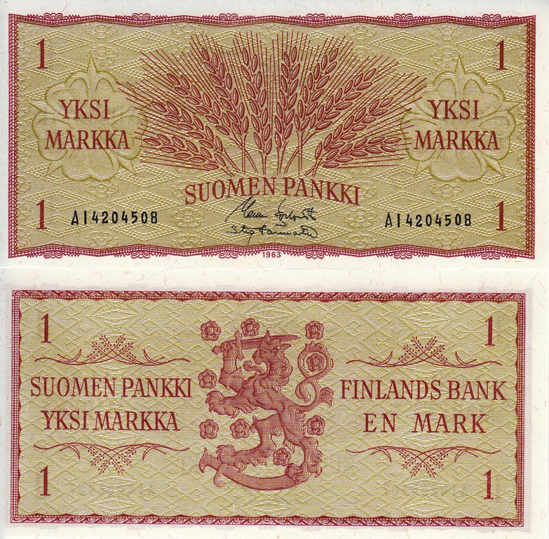 Финляндия Банкнота 1 марка 1963 UNC P98a(33)