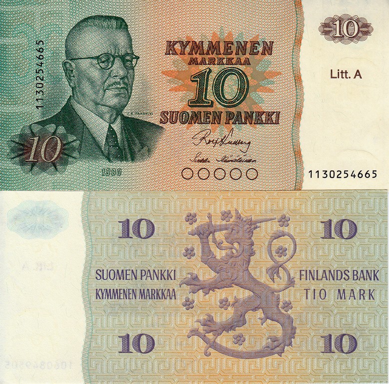 Финляндия Банкнота 10 марок 1980 UNC Литера А