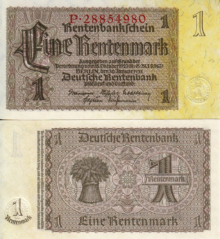 Германия Банкнота 1 рентмарка 1937  UNC 173