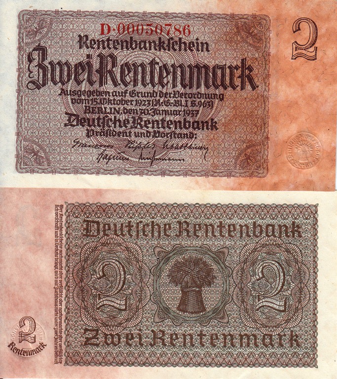 Германия Банкнота 2 рентмарки 1937 UNC P174